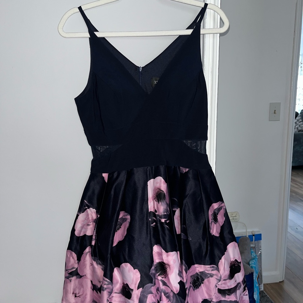 Xscape Navy Midi Flower Formal Cocktail Dress - Picture 5 of 9